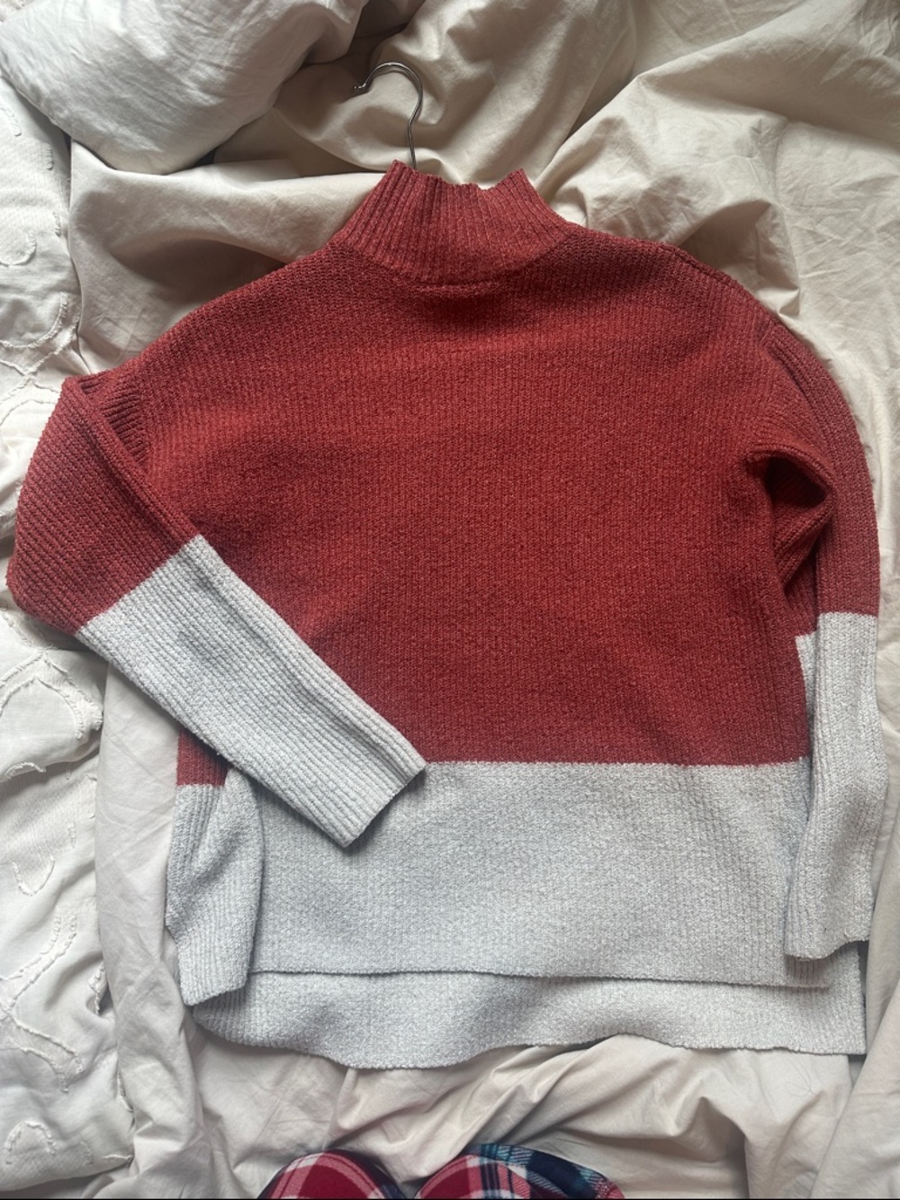 Olive & Oak Two-Tone Red and Light Gray Mock Neck Sweater